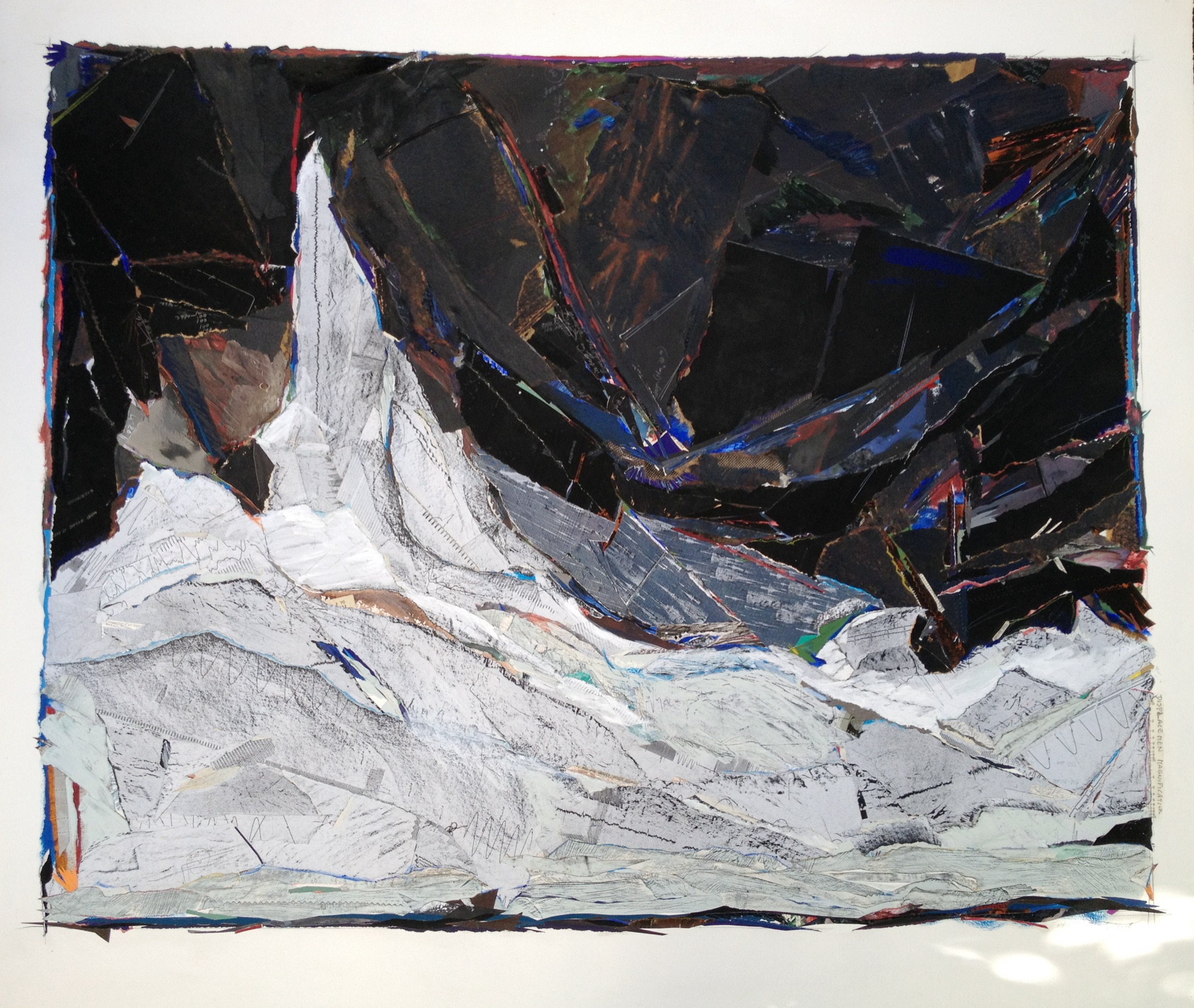 Mixed-media collage by Isabella Jacob: a white mountain peak rising against a dark, layered sky built from torn paper and fabric