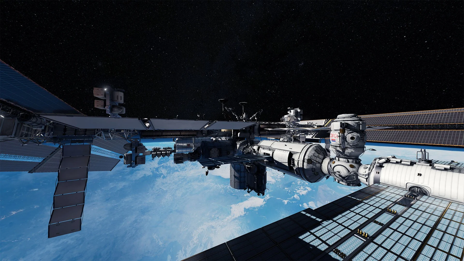 The International Space Station above Earth, as rendered in the Mission: ISS virtual reality experience